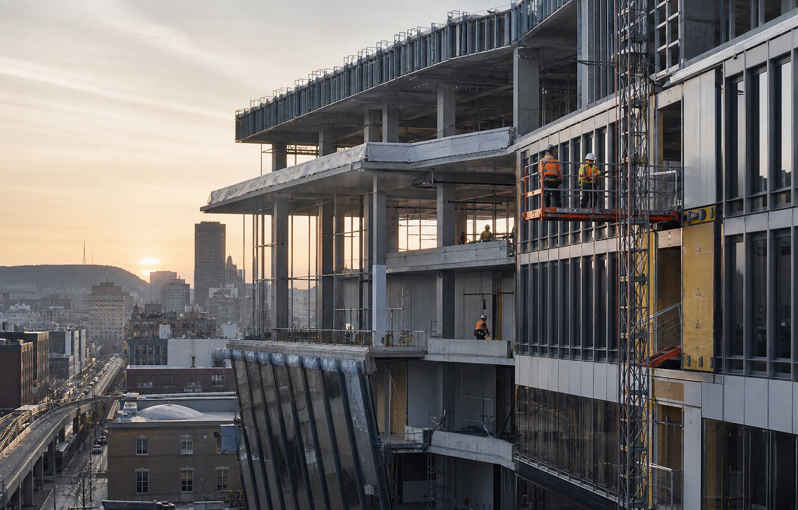 Workers on the facade of a commercial construction site.
