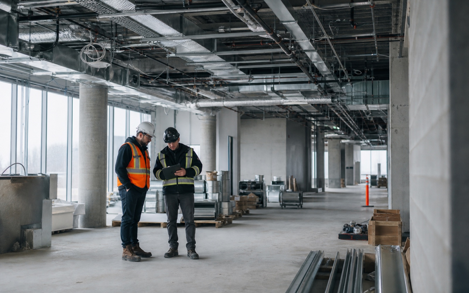 Two project leads review job-site progress on a construction site.